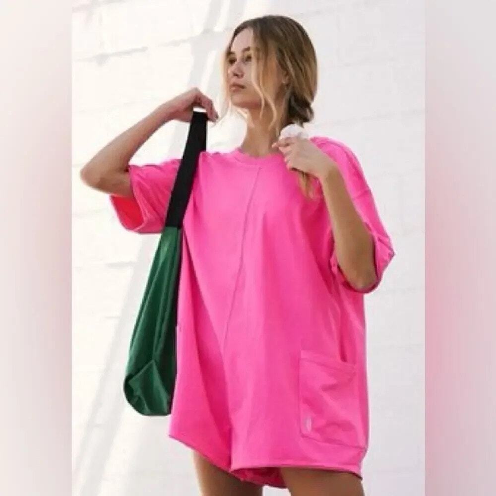 NWOT Free People Movement Hot Pink Hot Shot Tee Romper Size Large